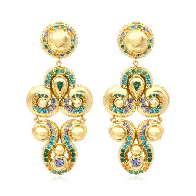 Gloria clip-on earrings in gold metallic resin and green crystals