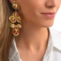 Gloria clip-on earrings in gold metallic resin and crystals - red