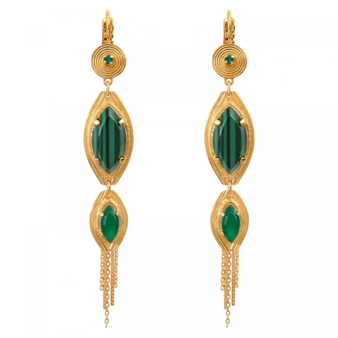 Long sleeper earrings, Sun design - green