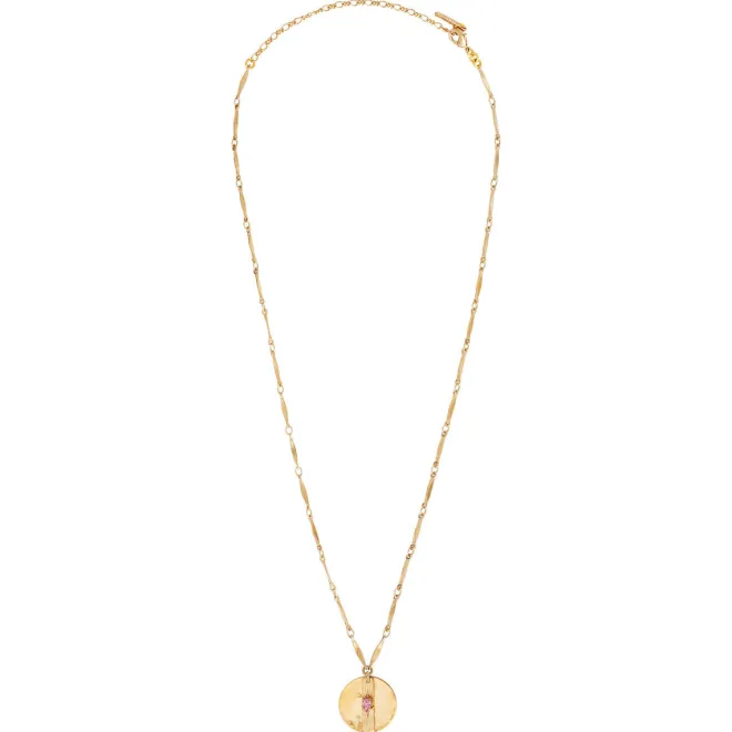 Sun pendant necklace in hammered metal with crystal - pink