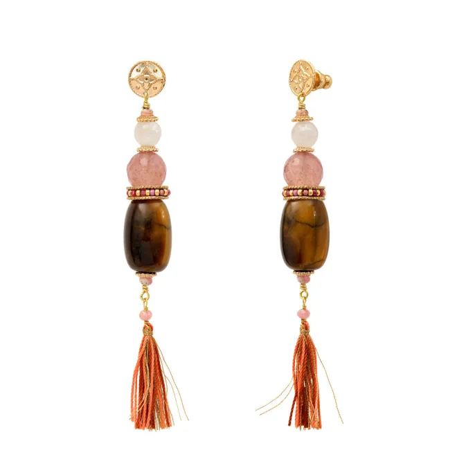 Tiki long pierced stud earrings - terracotta pink
