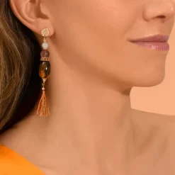 Tiki long pierced stud earrings - terracotta pink