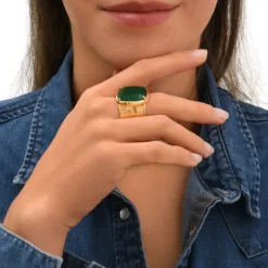 Wide adjustable rectangular Byzance ring – green